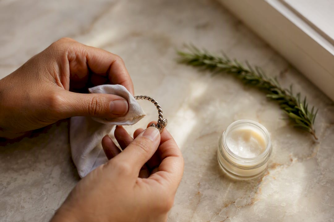Hand polishing tarnish resistant jewelry close-up