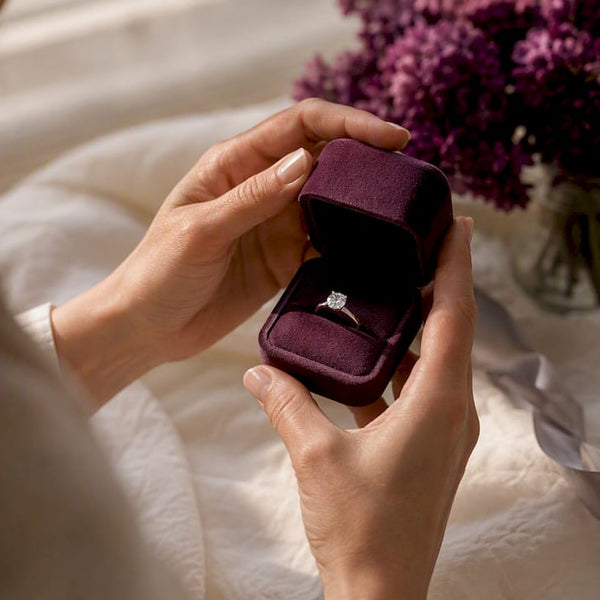 Hands opening moissanite ring box
