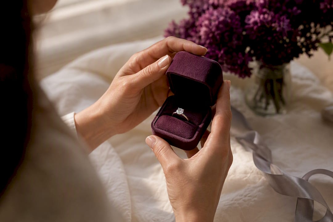 Hands opening moissanite ring box