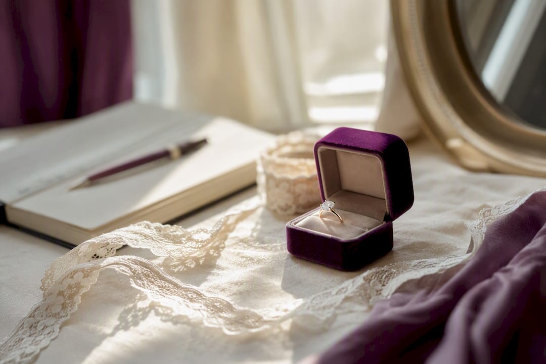 Velvet ring box with gemstone and budgeting tools