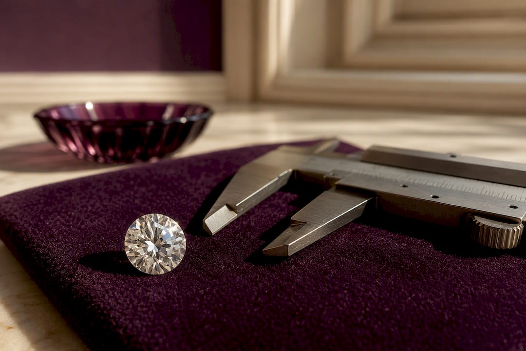 Loose moissanite beside precision measuring calipers