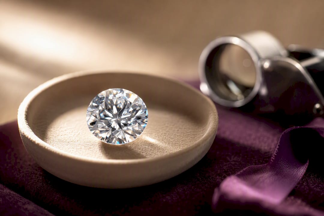 Near-colorless moissanite in an elegant jewelry dish