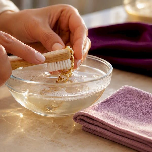 Hands gently cleaning gold jewelry at home