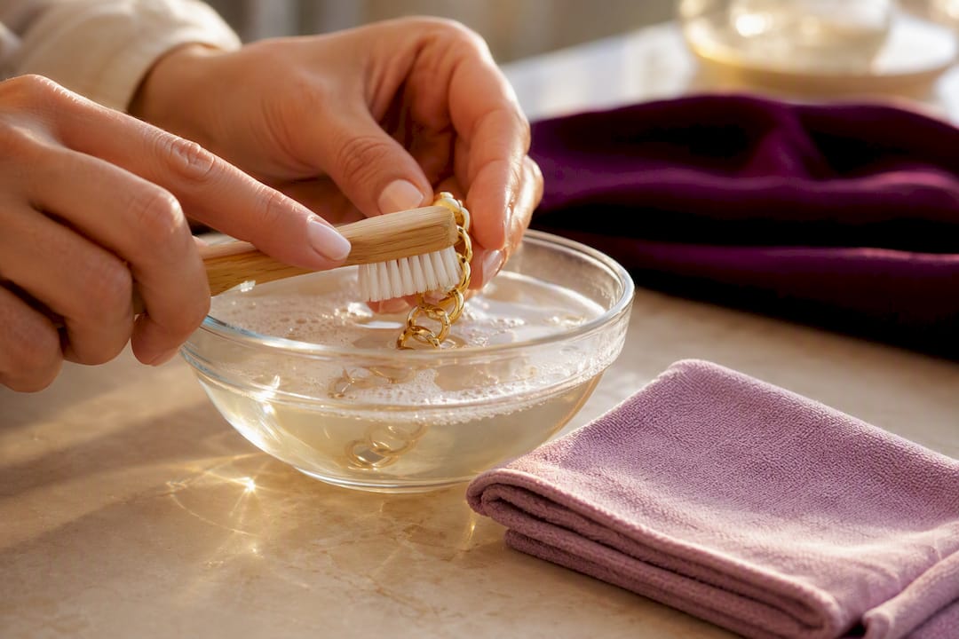 Hands gently cleaning gold jewelry at home