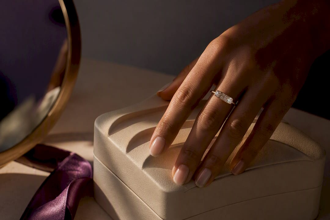 East-west elongated ring worn on hand