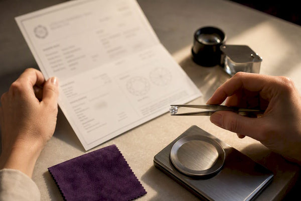 Hands checking a moissanite certificate