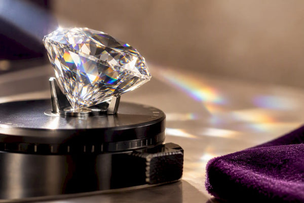 Faceted moissanite under optical testing light