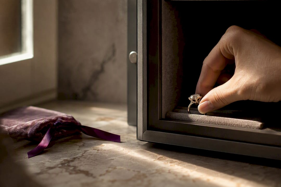 Partial ring placed inside a jewelry safe