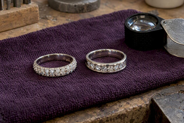 Pavé and channel-set rings side by side