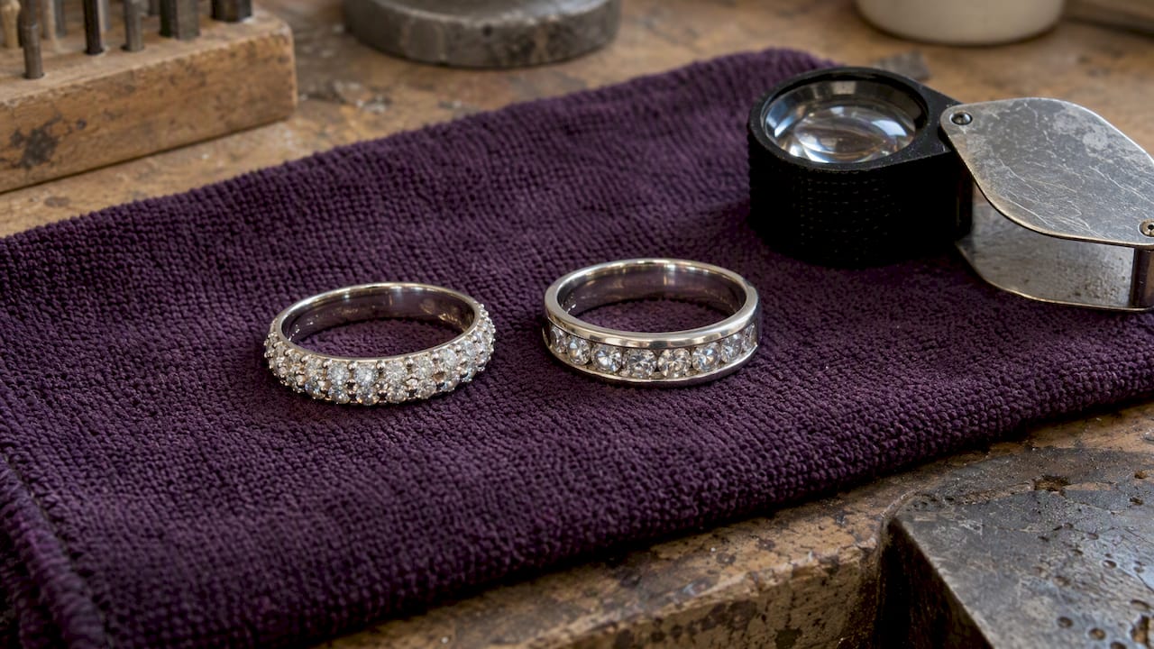 Pavé and channel-set rings side by side