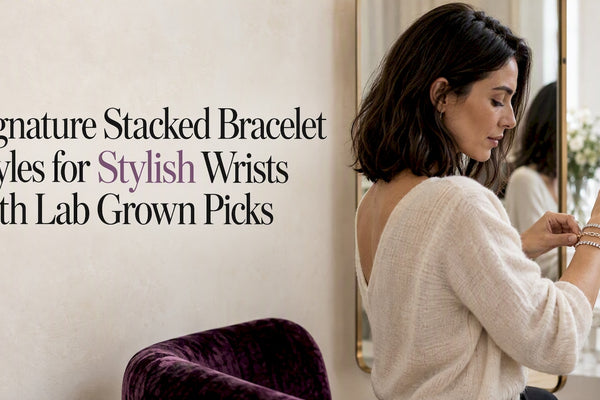 Woman wearing an elegant stacked bracelet collection