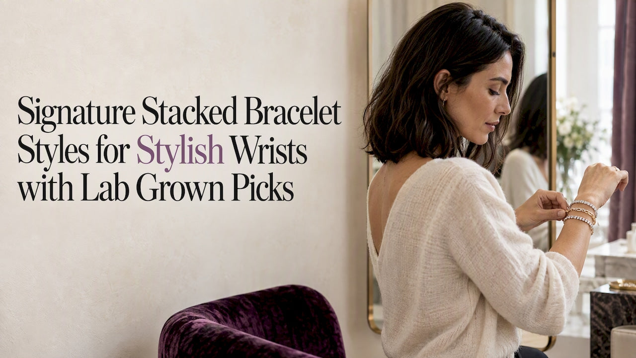 Woman wearing an elegant stacked bracelet collection