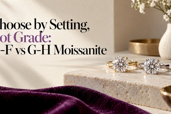 Two moissanite rings in contrasting metal settings
