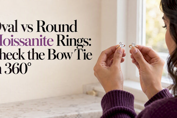 Hands comparing oval and round moissanite rings
