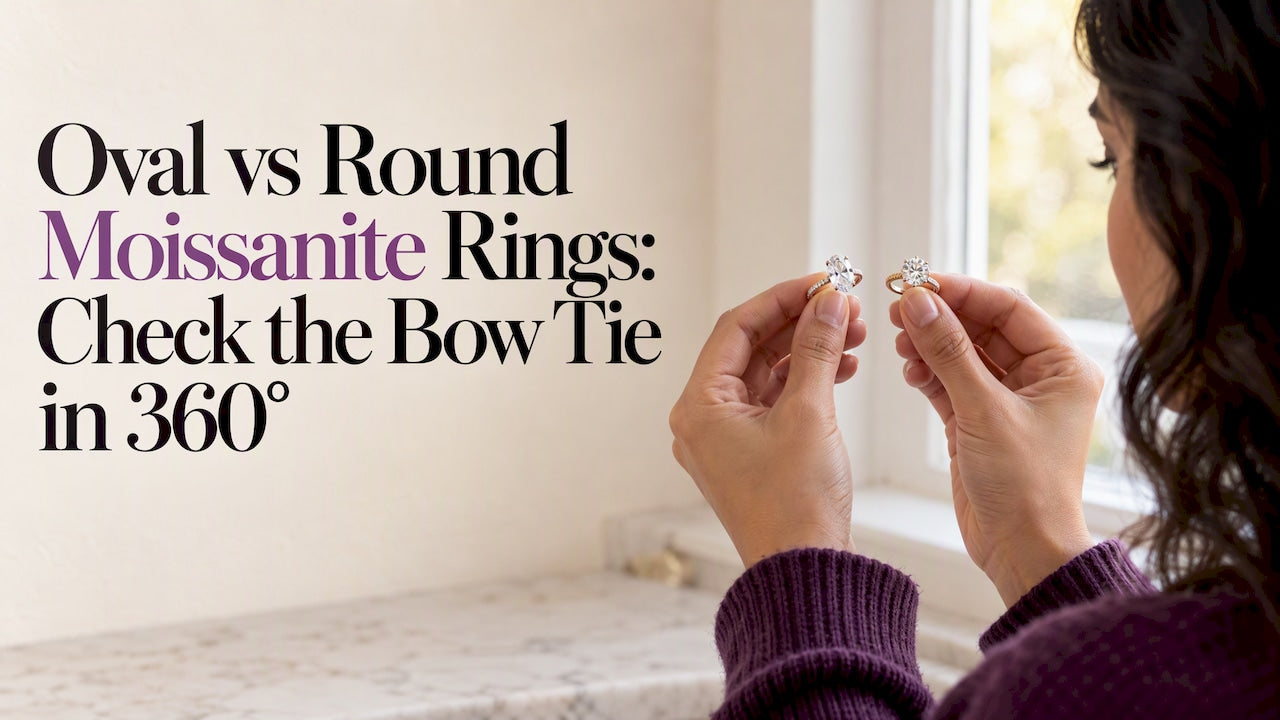 Hands comparing oval and round moissanite rings