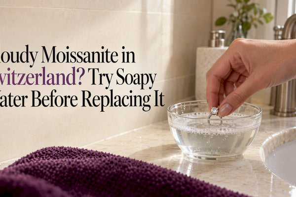 Moissanite ring soaking in mild soapy water