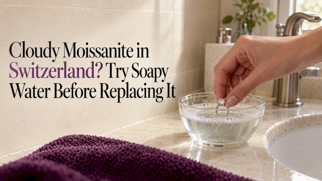 Moissanite ring soaking in mild soapy water