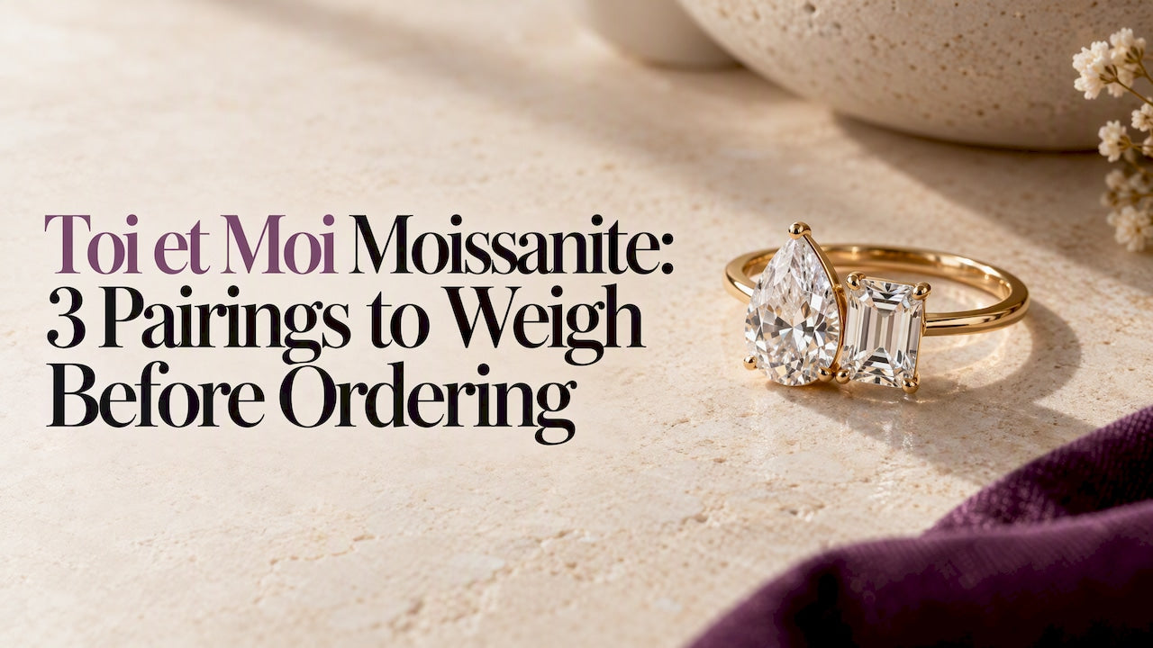 Two-stone moissanite ring on cream stone