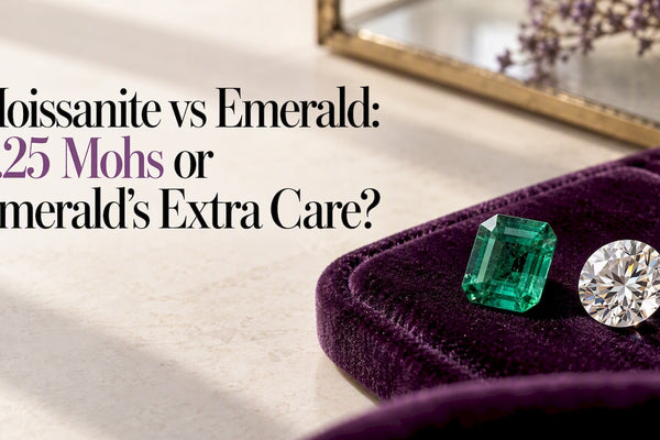 Loose emerald and moissanite on purple velvet