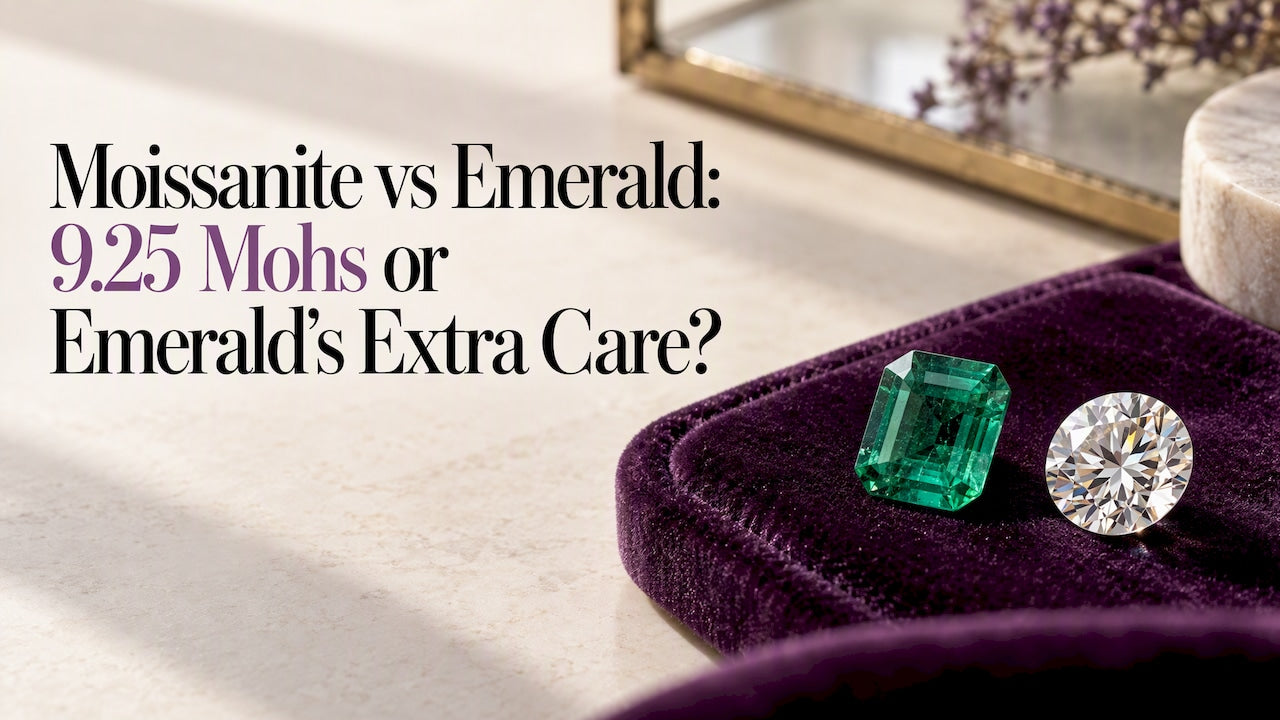 Loose emerald and moissanite on purple velvet