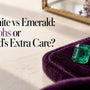 Loose emerald and moissanite on purple velvet