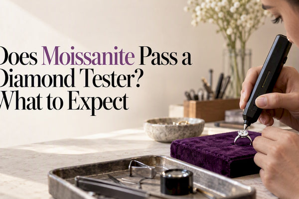 Tester probe touching a moissanite ring