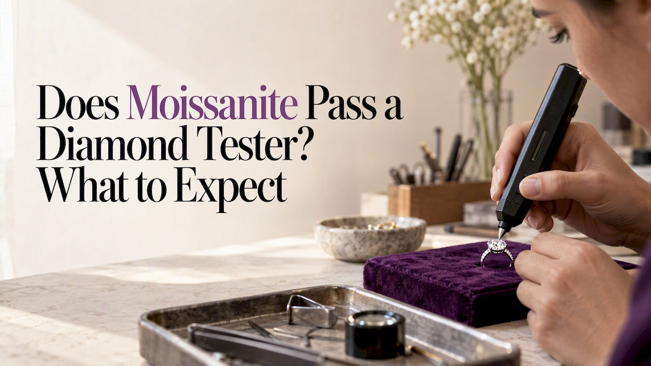 Tester probe touching a moissanite ring