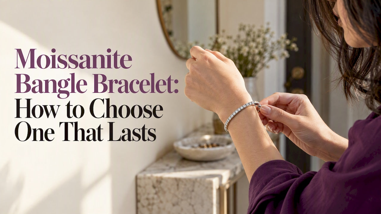 Woman fastening a moissanite bangle bracelet