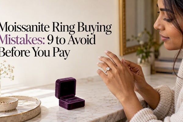 Hand assessing a moissanite ring beside its box