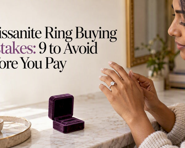 Hand assessing a moissanite ring beside its box