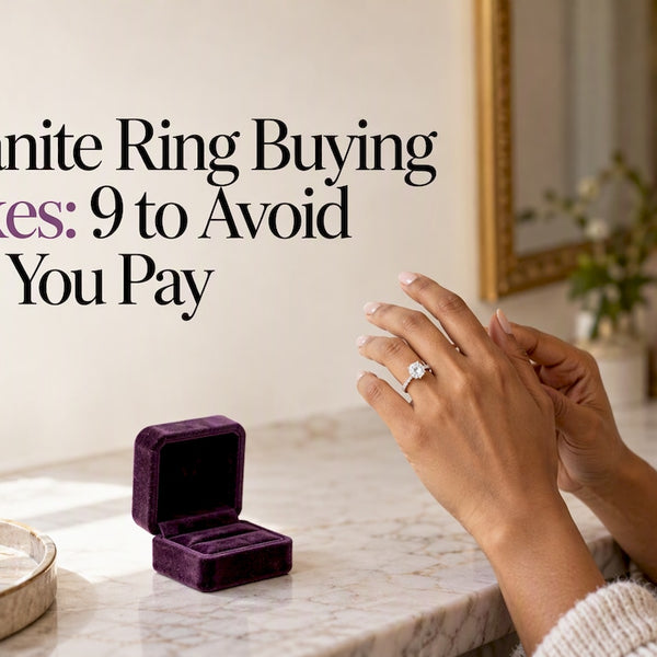 Hand assessing a moissanite ring beside its box
