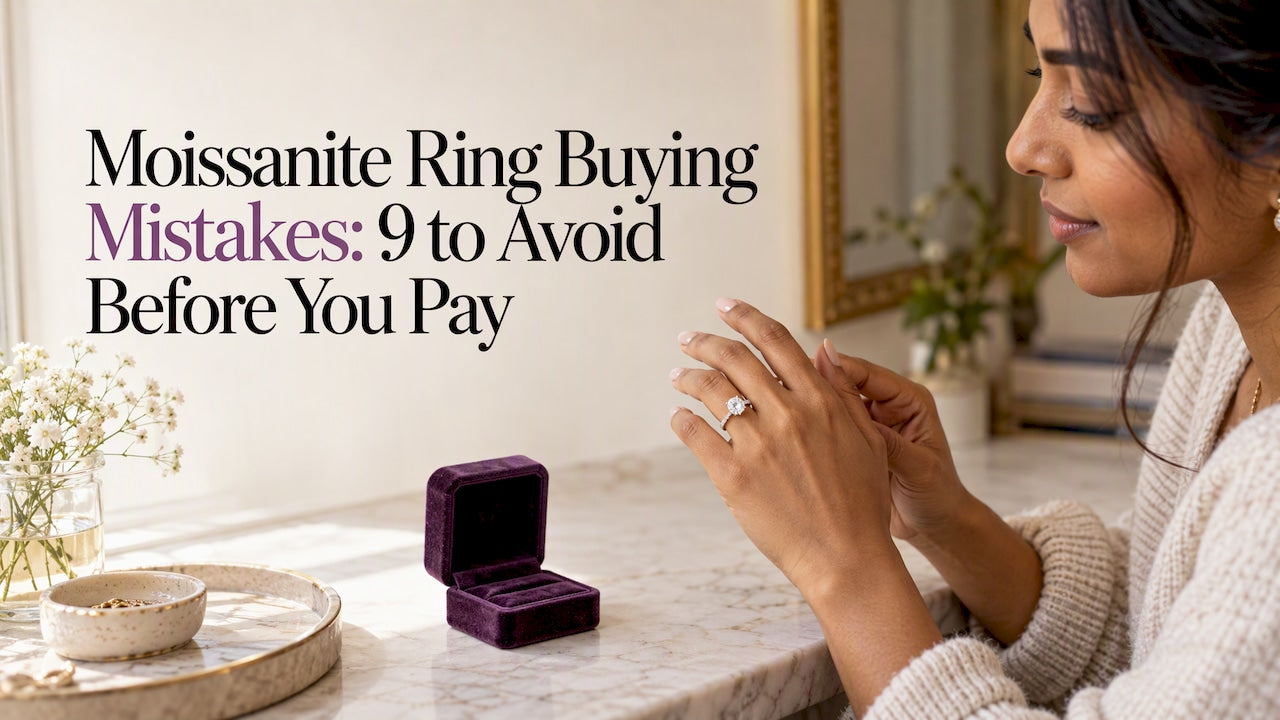Hand assessing a moissanite ring beside its box