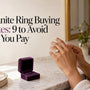 Hand assessing a moissanite ring beside its box