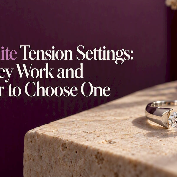 Moissanite held between open ring band ends