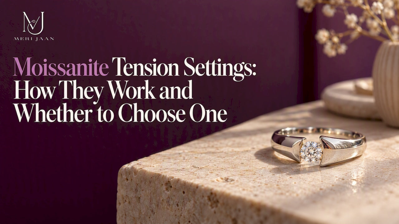 Moissanite held between open ring band ends