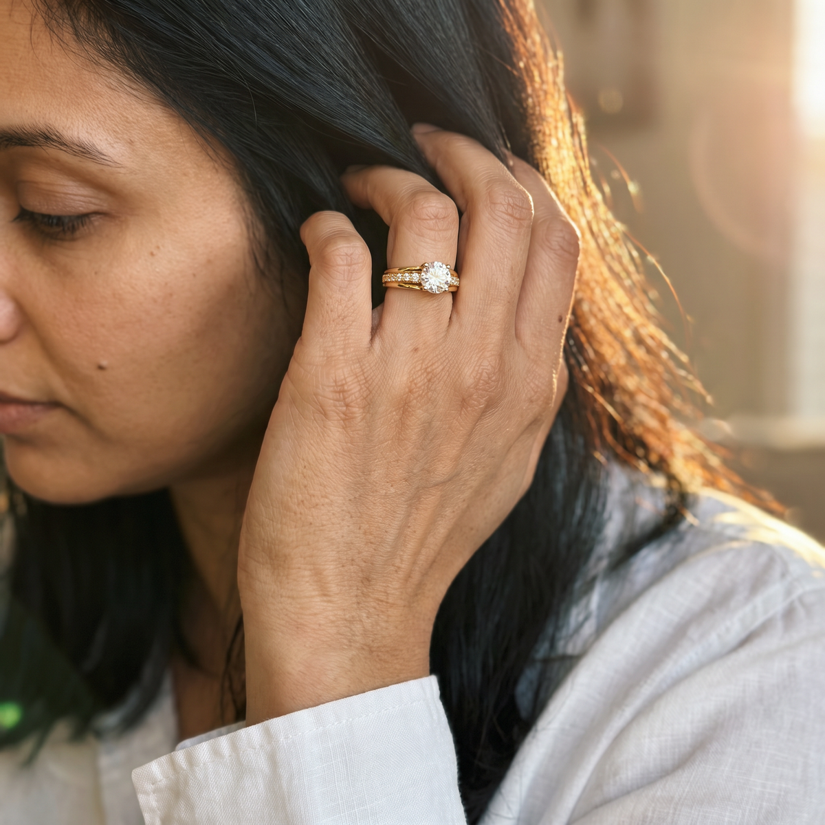Aigle Ring by Meri Jaan — lab-grown moissanite ring, worn by model