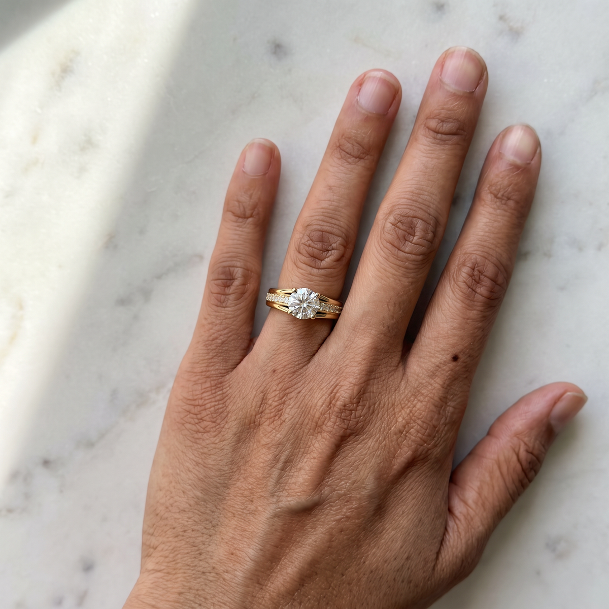 Aigle Ring by Meri Jaan — lab-grown moissanite ring, worn by model