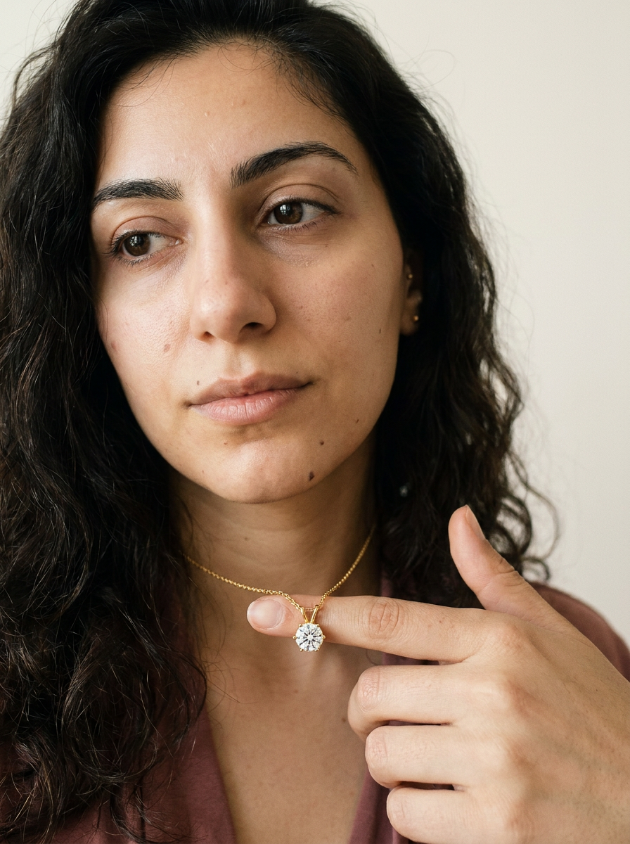 Appenzell Necklace by Meri Jaan — lab-grown moissanite necklace, worn by model