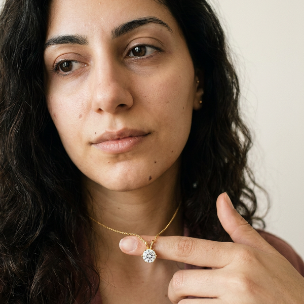 Appenzell Necklace by Meri Jaan — lab-grown moissanite necklace, worn by model