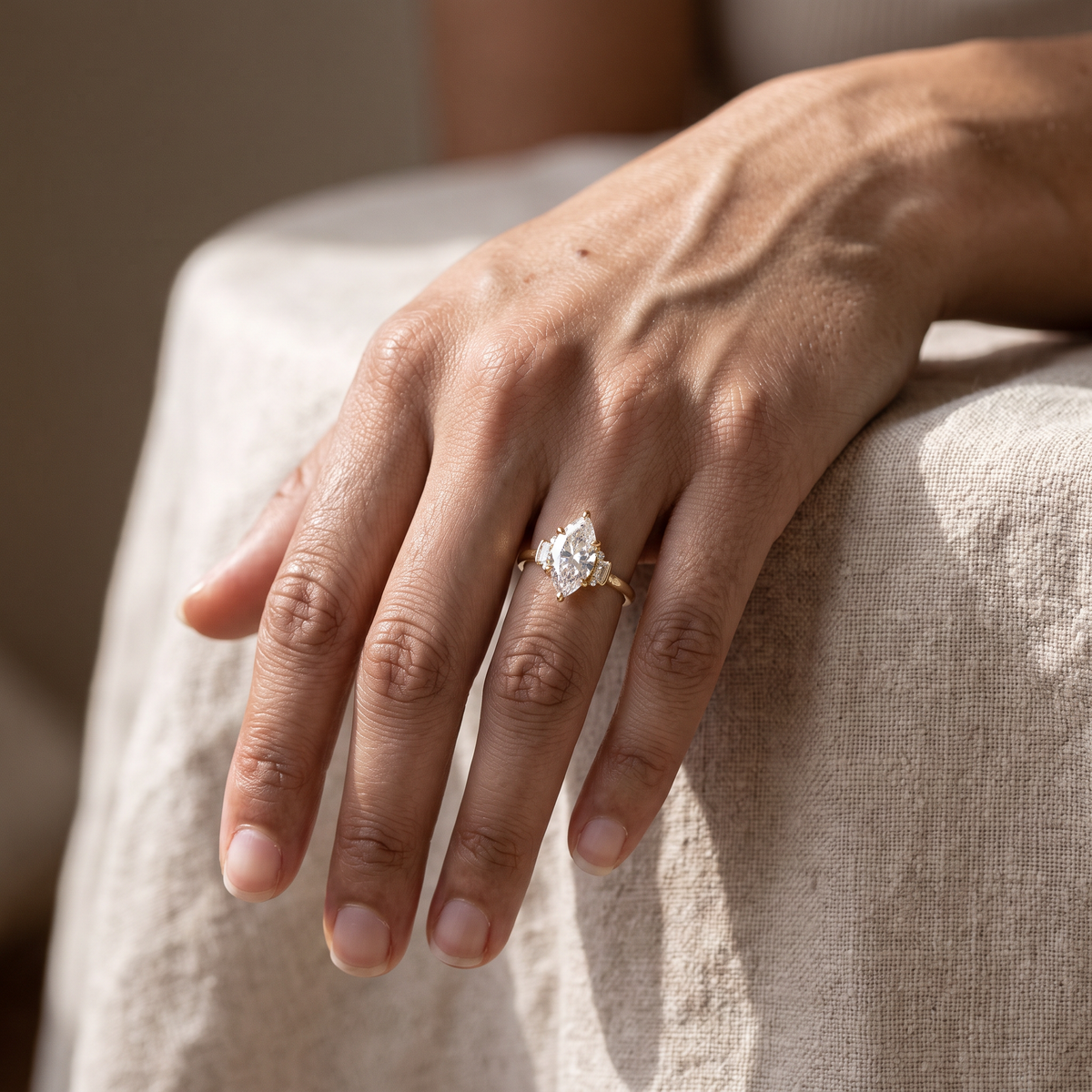 Asco Ring by Meri Jaan — lab-grown moissanite ring, worn by model