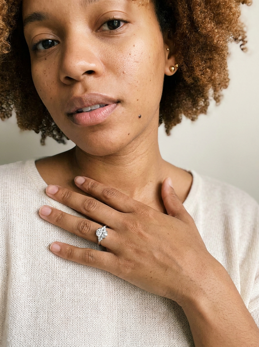 Avers by Meri Jaan — lab-grown moissanite jewellery, worn by model