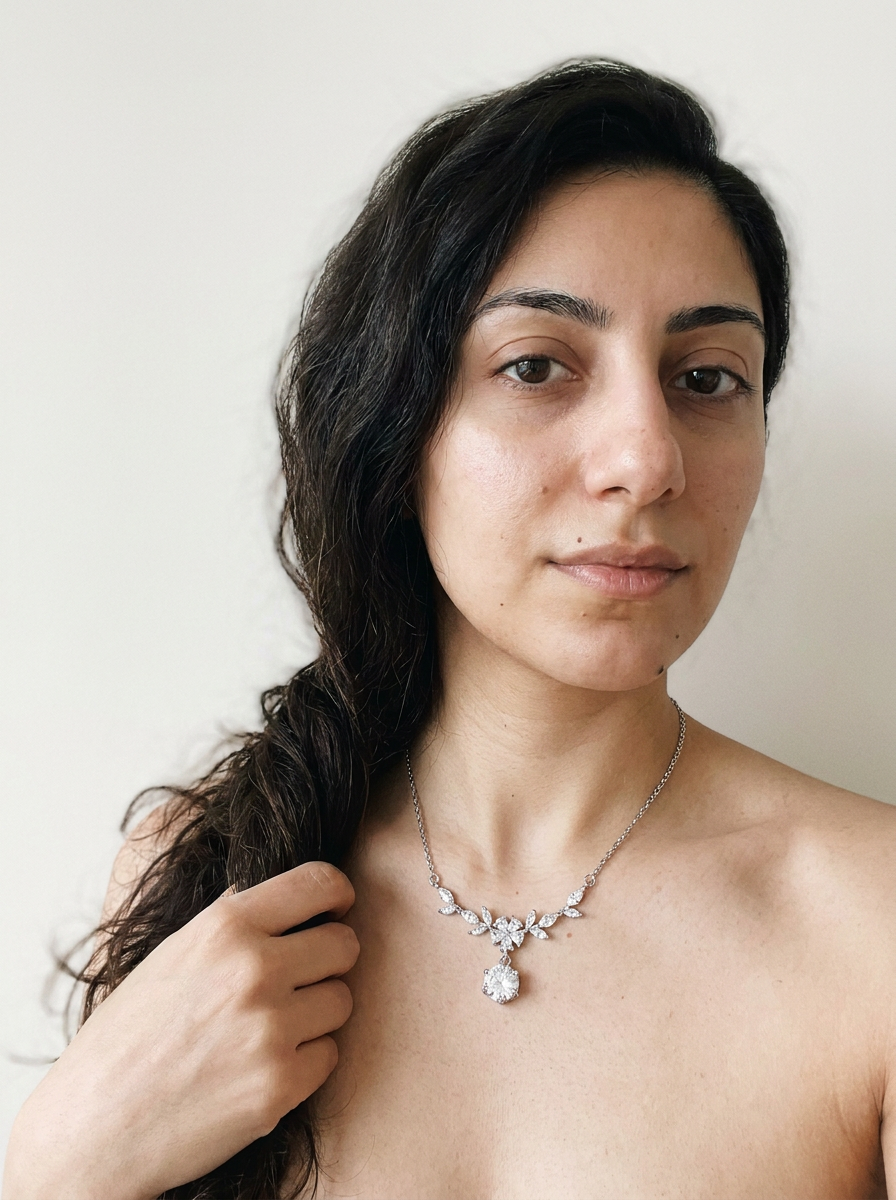 Fribourg Necklace by Meri Jaan — lab-grown moissanite necklace, worn by model