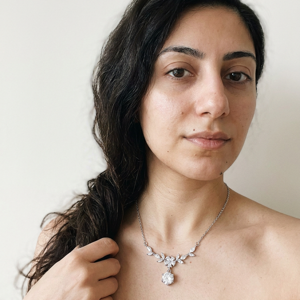 Fribourg Necklace by Meri Jaan — lab-grown moissanite necklace, worn by model