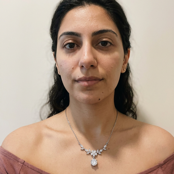 Fribourg Necklace by Meri Jaan — lab-grown moissanite necklace, worn by model
