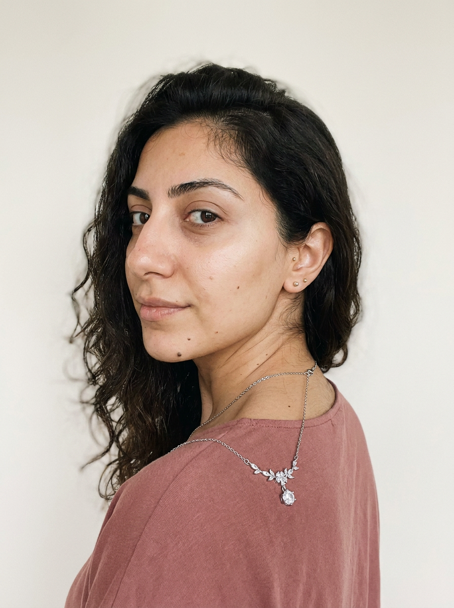 Fribourg Necklace by Meri Jaan — lab-grown moissanite necklace, worn by model