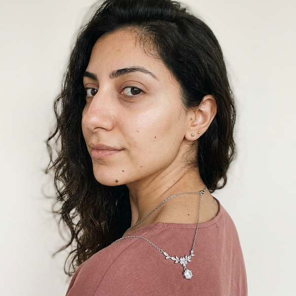 Fribourg Necklace by Meri Jaan — lab-grown moissanite necklace, worn by model
