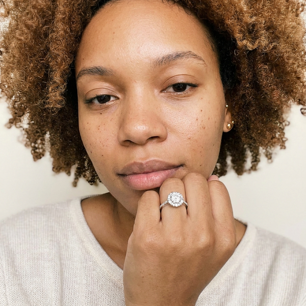 Glarus Ring by Meri Jaan — lab-grown moissanite ring, worn by model