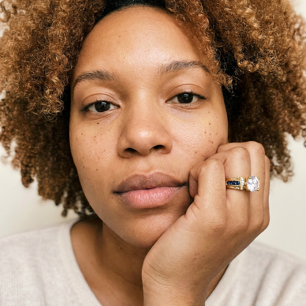 Grindelwald Ring by Meri Jaan — lab-grown moissanite ring, worn by model