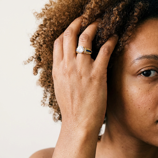 Grindelwald Ring by Meri Jaan — lab-grown moissanite ring, worn by model