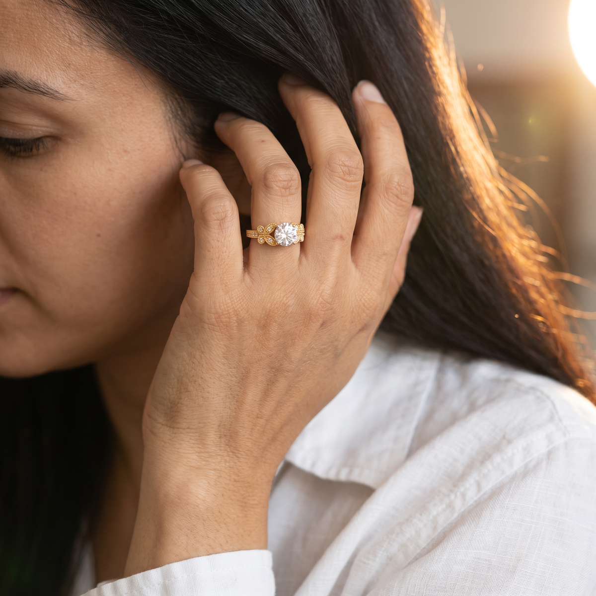 Gruya Ring by Meri Jaan — lab-grown moissanite ring, worn by model